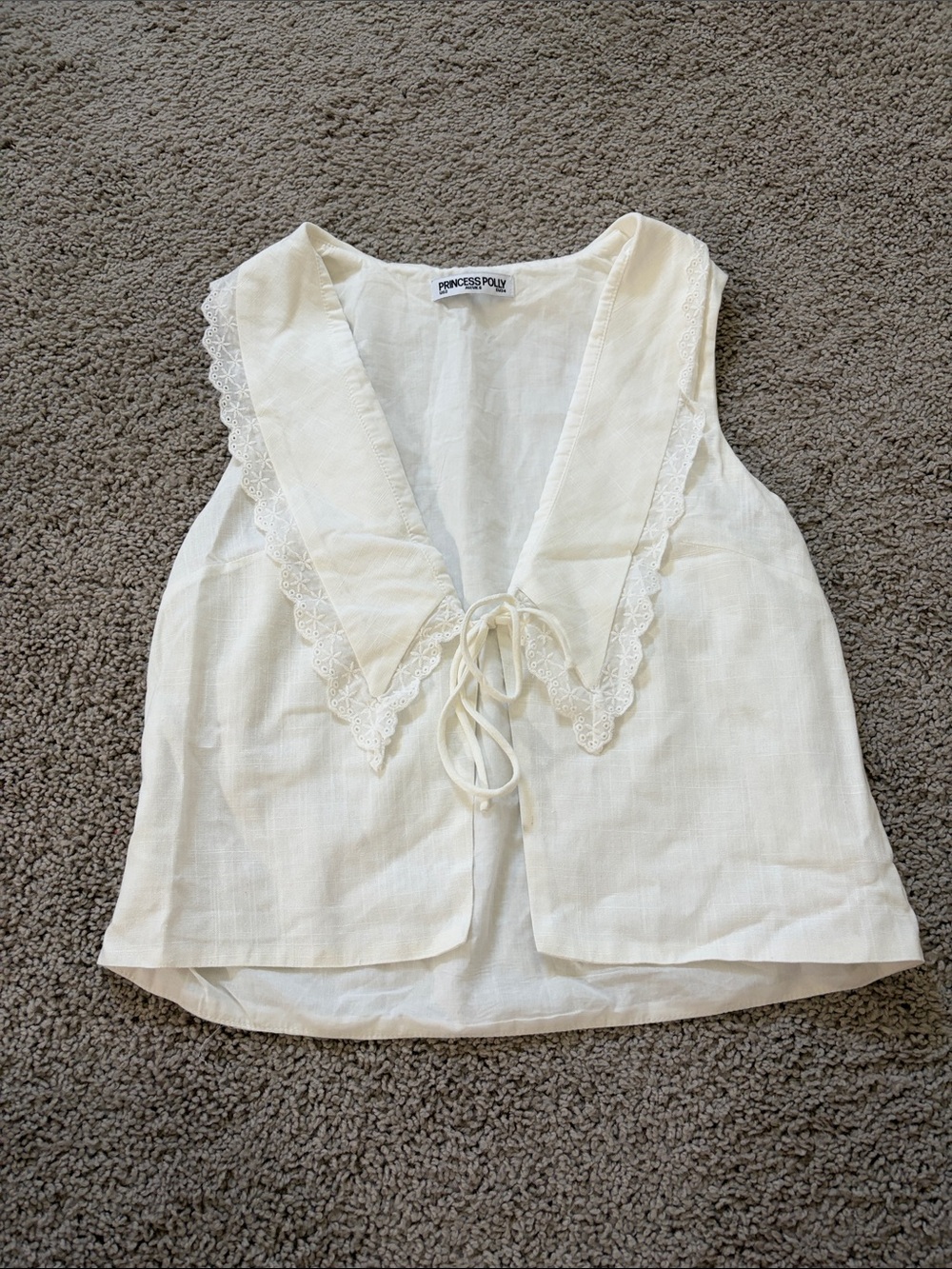 Princess Polly Cream Lace-Trim Sleeveless Tie-Front Top